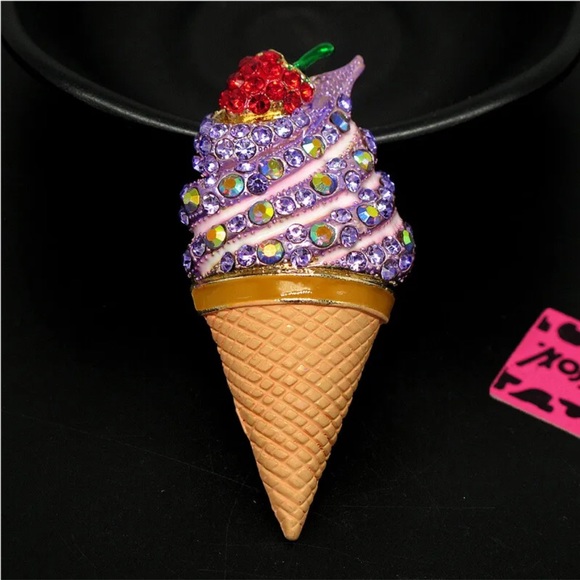 Betsey Johnson Jewelry - Yummy Bling Betsey Johnson Rhinestone, Crystal Ice Cream Cone Strawberry Brooch